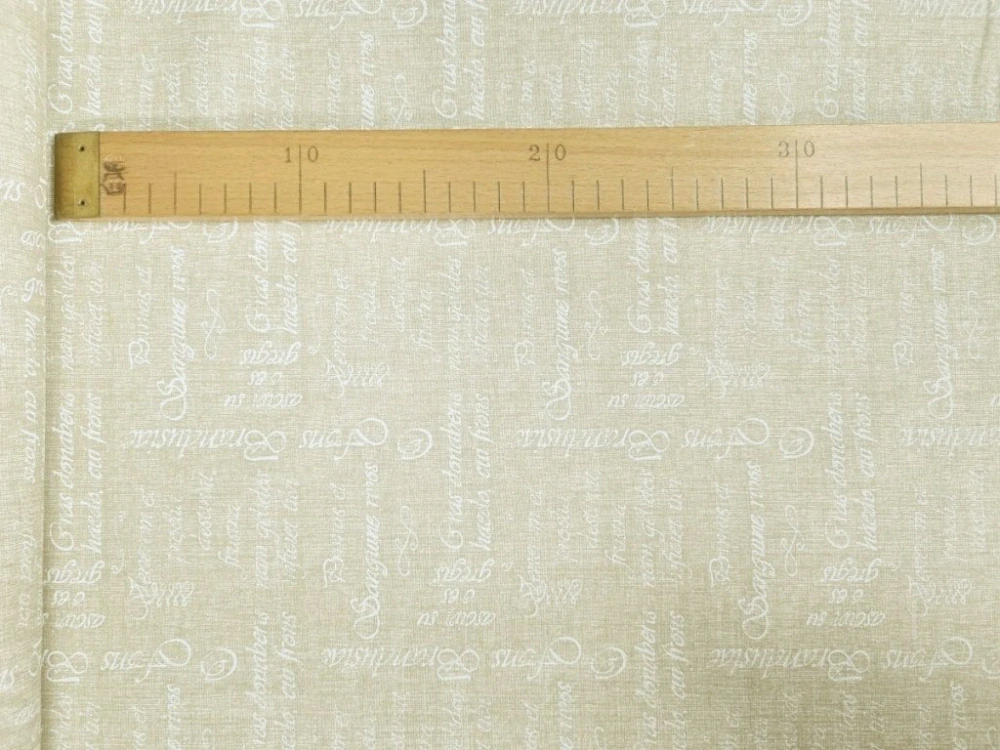 Bavlněné plátno - Písmo bílé malé na béžovém lněném efektu