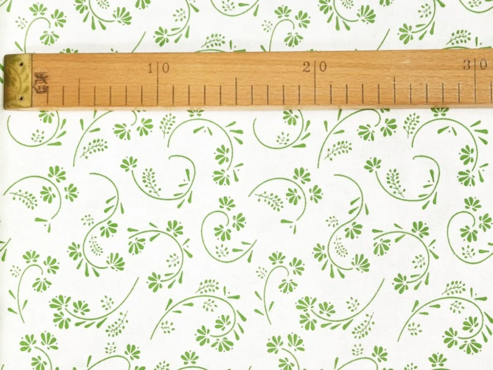 Bavlněné plátno - Zelené větvičky na bílé