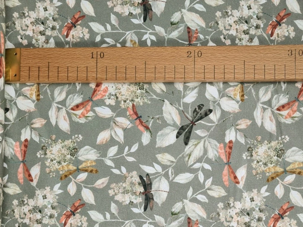 Bavlněné plátno - Květy a vážky na šedé