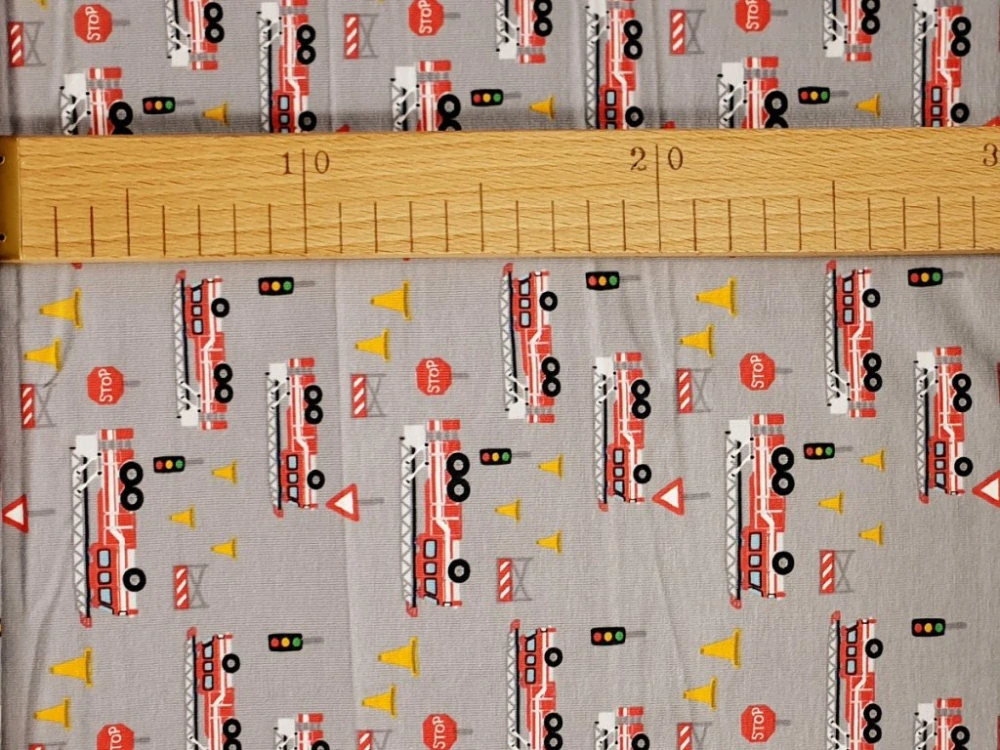 Jednolícní elastický úplet - Hasiči na šedé