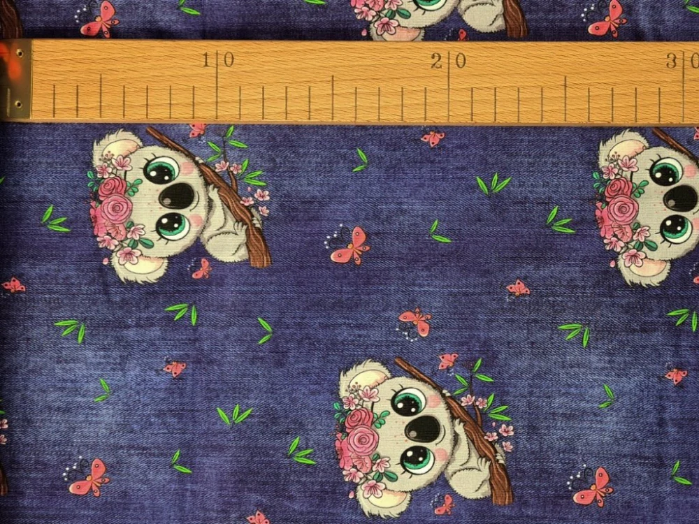 Jednolícní elastický úplet - Koala na modrém džínovém efektu