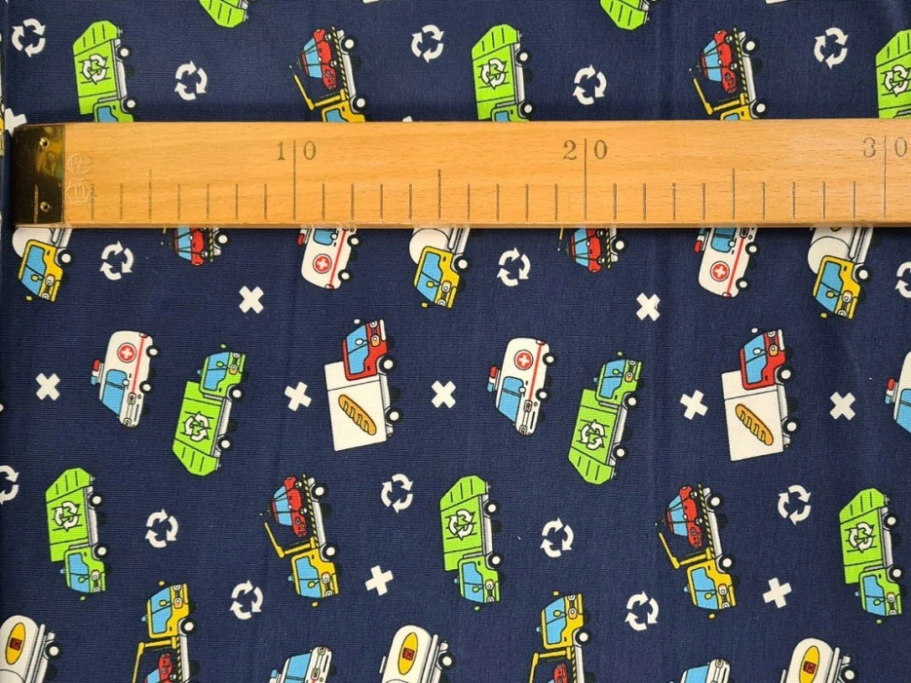 Jednolícní elastický úplet - Auta na tm. modré