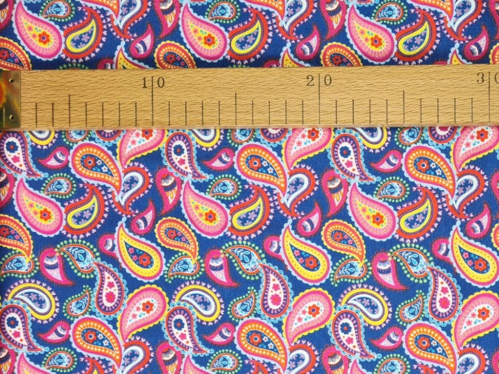 Jednolícní elastický úplet - Paisley na modré
