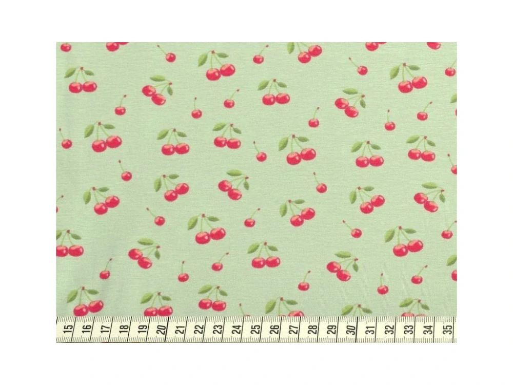 Jednolícní elastický úplet - Třešně na sv. zelené