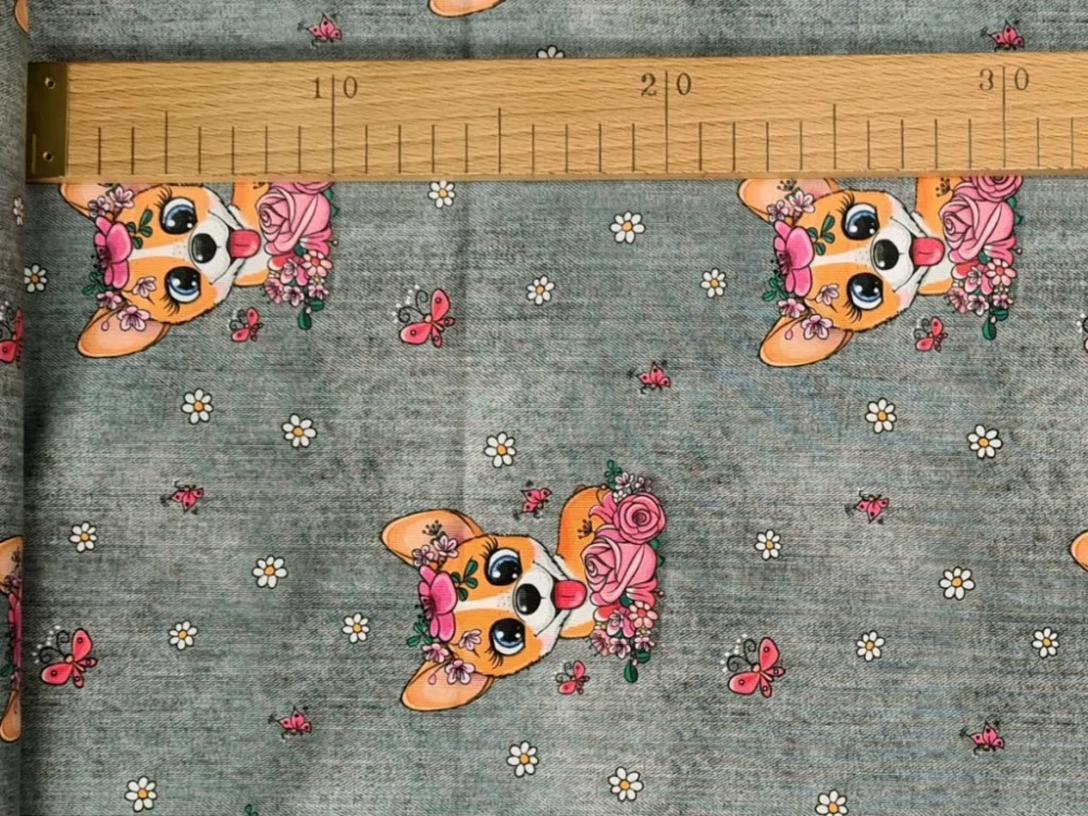 Elastická teplákovina DIGI - pejsci na šedém džínovém efektu