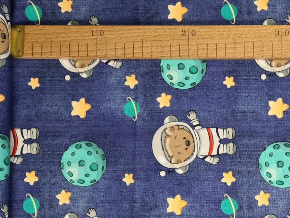 Elastická teplákovina DIGI - vesmír na modrém džínovém efektu