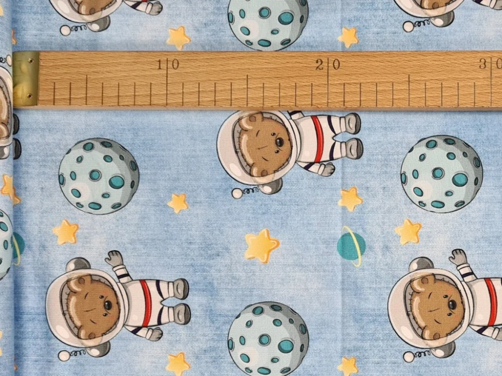 Elastická teplákovina DIGI - vesmír na sv. modrém džínovém efektu