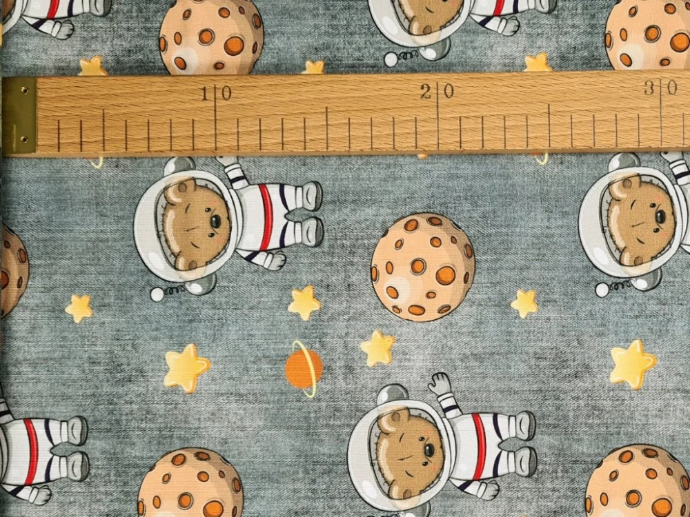 Elastická teplákovina DIGI - vesmír na šedém džínovém efektu