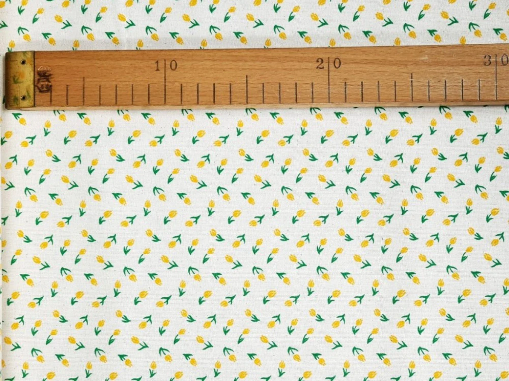 Bavlněné plátno - Mini tulipány žluté na režné