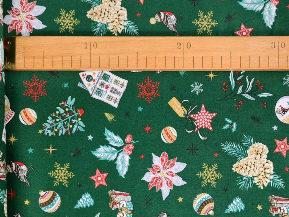 Bavlněné plátno - Vánoční motivy na zelené (digitální tisk)