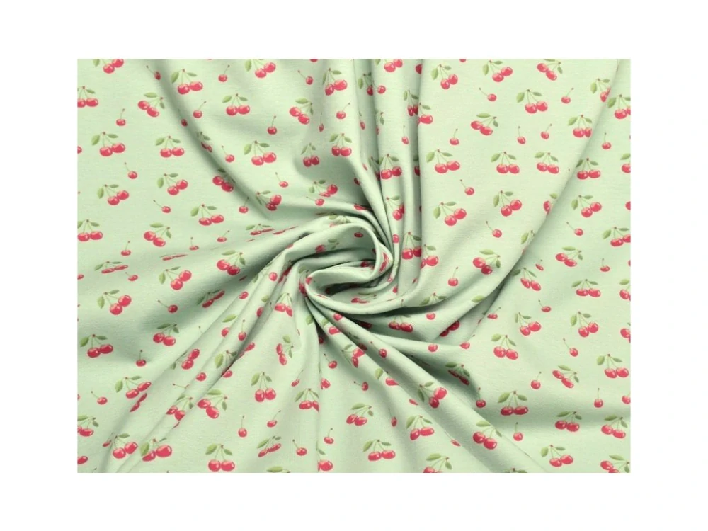 Jednolícní elastický úplet - Třešně na sv. zelené
