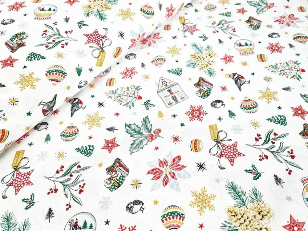 Bavlněné plátno - Vánoční motivy na zelené (digitální tisk)