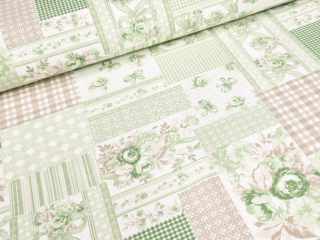 Dekorační látka - Růže patchwork zelené