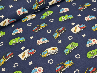 Jednolícní elastický úplet - Auta na tm. modré