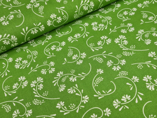 Bavlněné plátno - Bílé větvičky na zelené